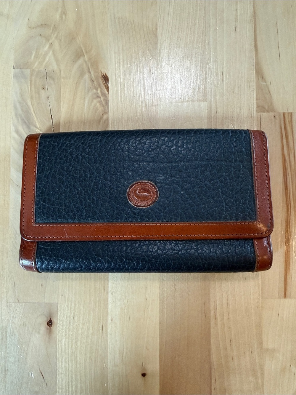 Vintage Dooney & Bourke Black Pebbled Leather Wallet with Brown Trim